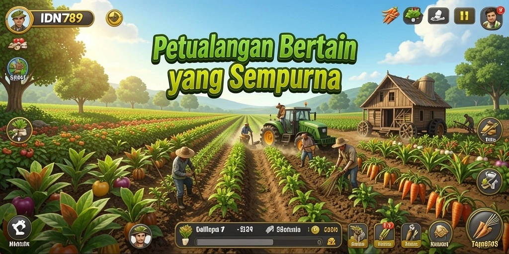 Screenshot gameplay yang menampilkan ladang dan hewan peliharaan.