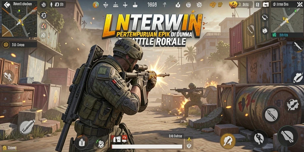 Tangkapan layar utama LNTERWIN menampilkan gameplay Battle Royale yang intens.