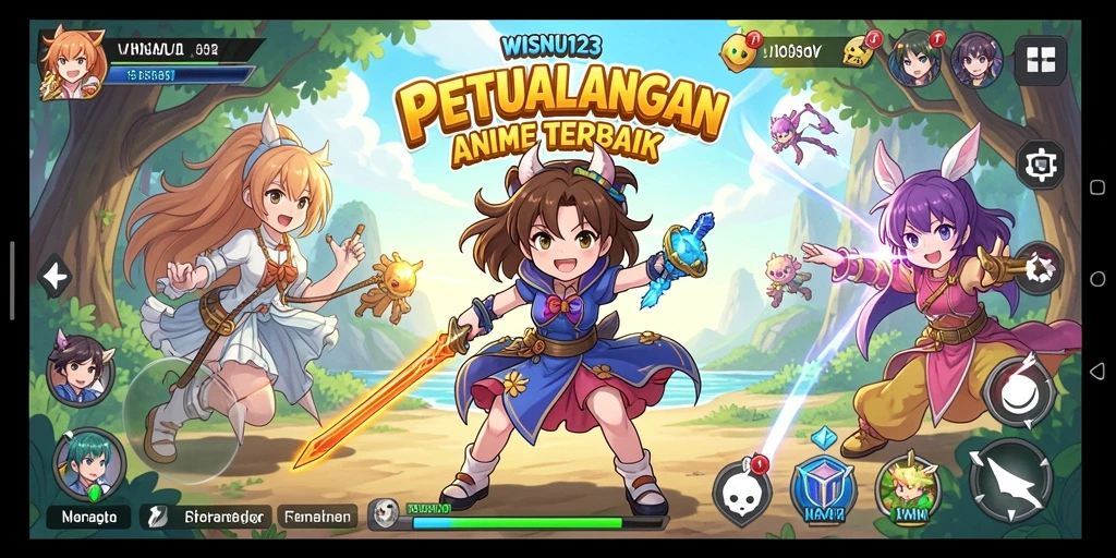 Tampilan gameplay seru dari WISNU123 dengan karakter anime unik.